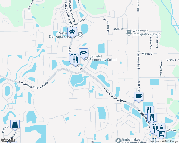 map of restaurants, bars, coffee shops, grocery stores, and more near 1024 Crystal Bay Lane in Orlando