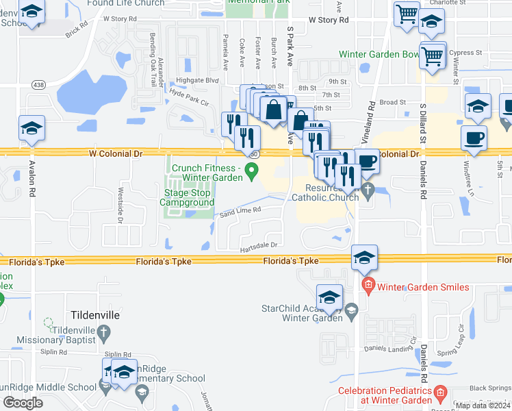 map of restaurants, bars, coffee shops, grocery stores, and more near 461 Sand Lime Road in Winter Garden