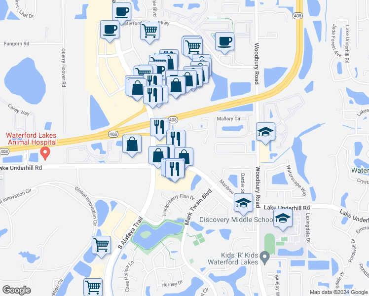 map of restaurants, bars, coffee shops, grocery stores, and more near 713 Crest Pines Drive in Orlando
