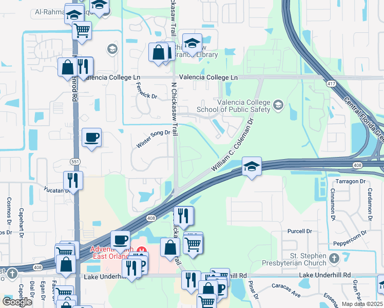 map of restaurants, bars, coffee shops, grocery stores, and more near 1030 Vista Haven Circle in Orlando
