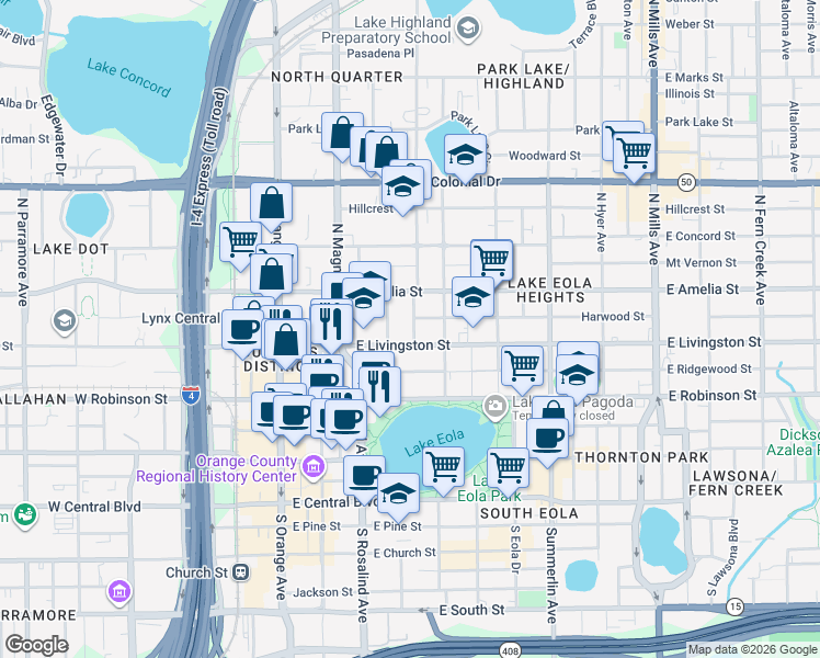 map of restaurants, bars, coffee shops, grocery stores, and more near 413 Highland Avenue in Orlando
