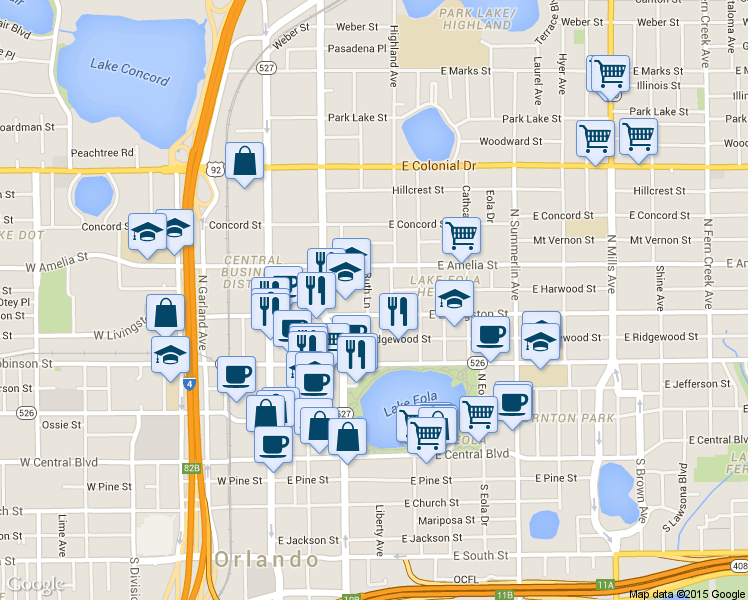 map of restaurants, bars, coffee shops, grocery stores, and more near 123 East Livingston Street in Orlando