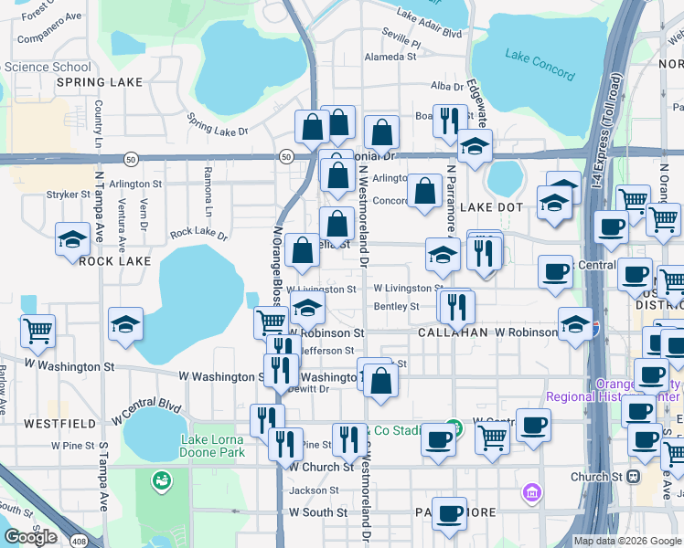 map of restaurants, bars, coffee shops, grocery stores, and more near 1026 Federal Street in Orlando