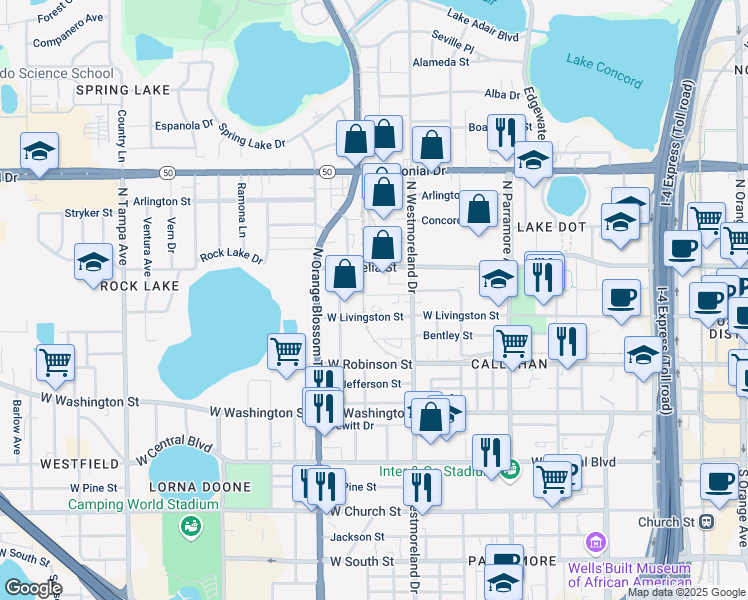 map of restaurants, bars, coffee shops, grocery stores, and more near 1026 Federal Street in Orlando