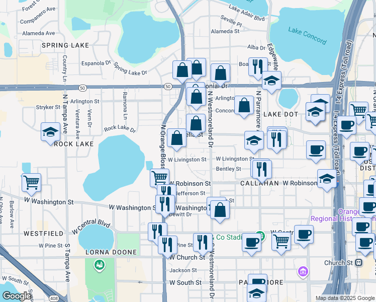 map of restaurants, bars, coffee shops, grocery stores, and more near 1026 Federal Street in Orlando