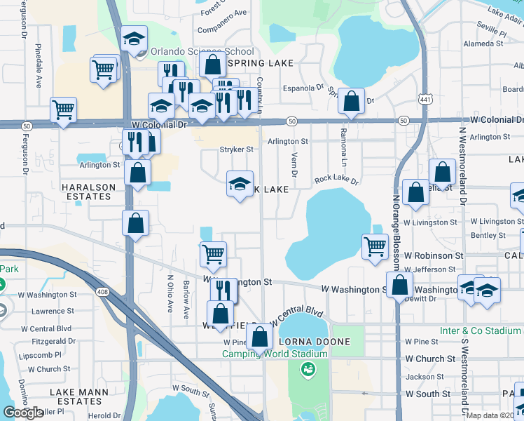 map of restaurants, bars, coffee shops, grocery stores, and more near 408 Ventura Avenue in Orlando