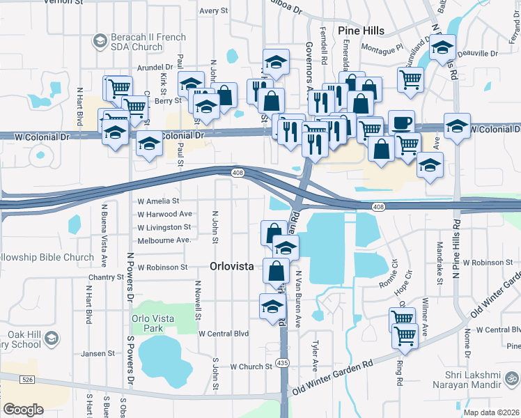 map of restaurants, bars, coffee shops, grocery stores, and more near 448 North Hastings Street in Orlando