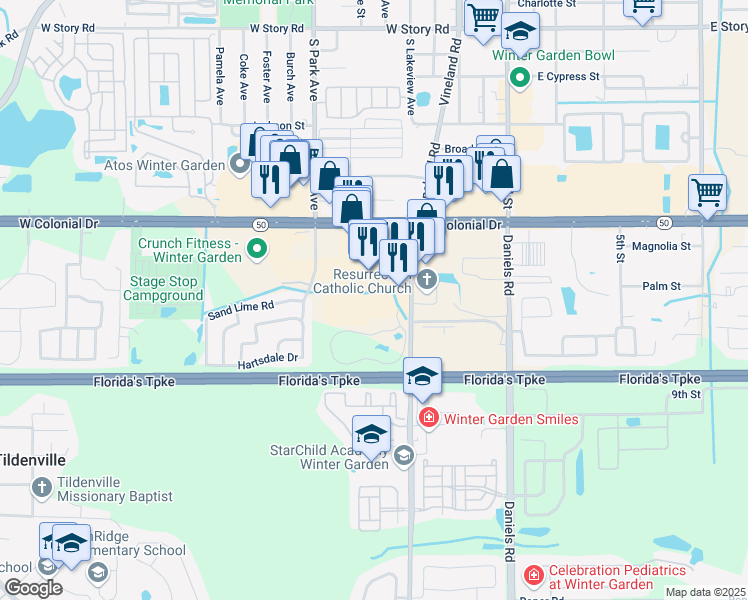 map of restaurants, bars, coffee shops, grocery stores, and more near 1222 Winter Garden Vineland Road in Winter Garden