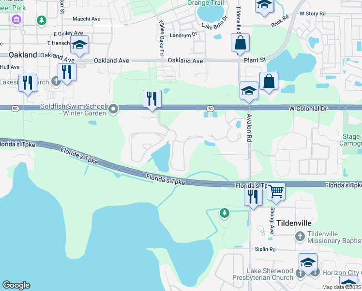 map of restaurants, bars, coffee shops, grocery stores, and more near 1556 Broken Oak Drive in Winter Garden