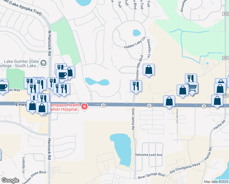 map of restaurants, bars, coffee shops, grocery stores, and more near 3024 Pinnacle Court in Clermont