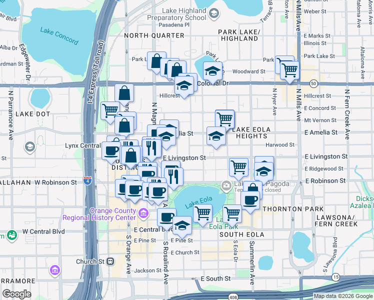 map of restaurants, bars, coffee shops, grocery stores, and more near 413 Highland Avenue in Orlando