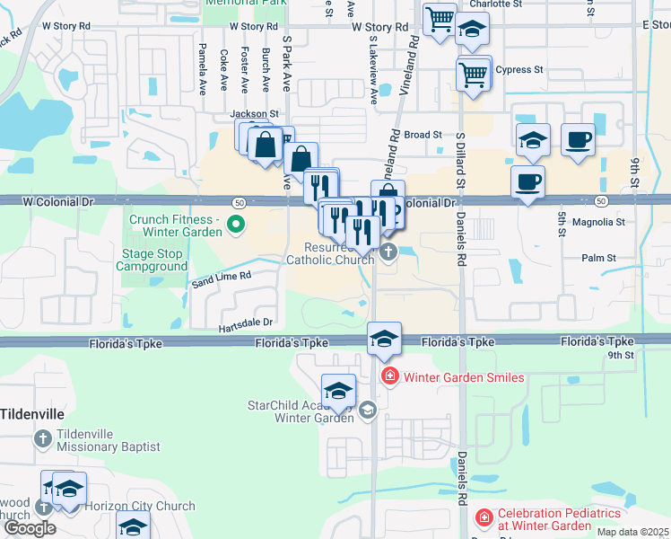 map of restaurants, bars, coffee shops, grocery stores, and more near 1222 Winter Garden Vineland Road in Winter Garden
