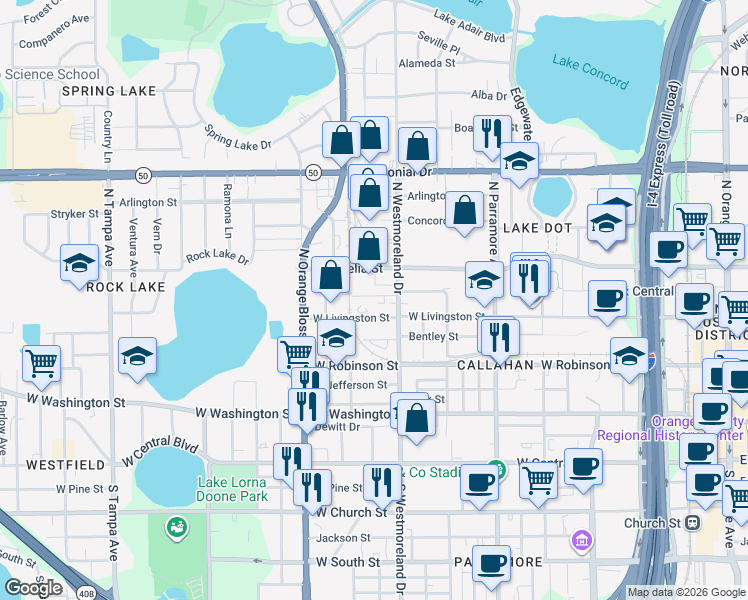 map of restaurants, bars, coffee shops, grocery stores, and more near 1026 Federal Street in Orlando