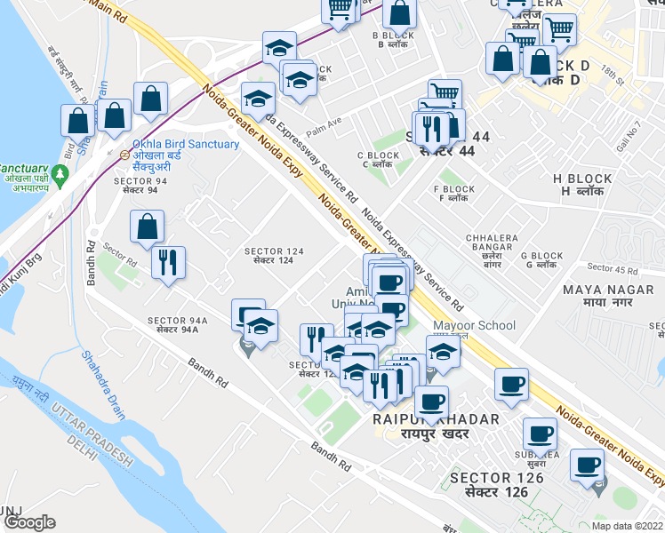 map of restaurants, bars, coffee shops, grocery stores, and more near in Noida