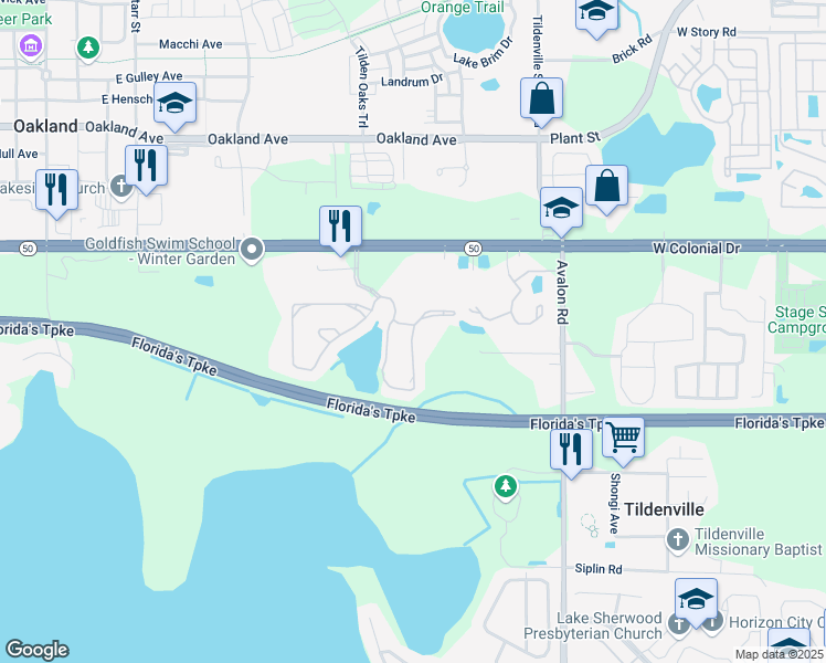 map of restaurants, bars, coffee shops, grocery stores, and more near 1556 Broken Oak Drive in Winter Garden