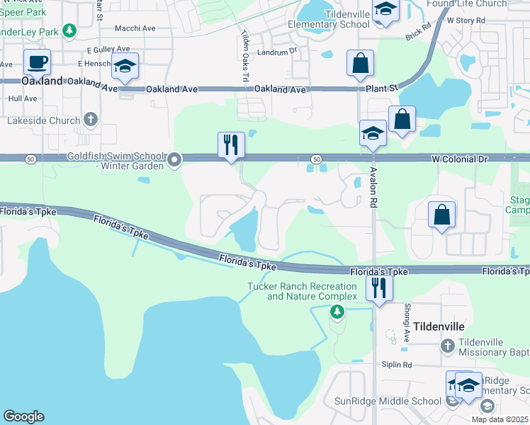 map of restaurants, bars, coffee shops, grocery stores, and more near 1305 Broken Oak Drive in Winter Garden