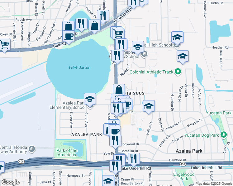 map of restaurants, bars, coffee shops, grocery stores, and more near in Orlando