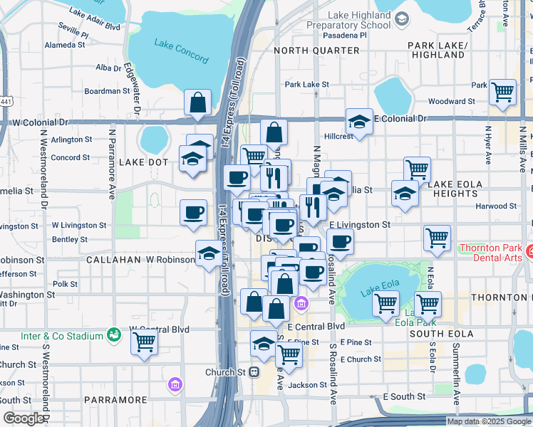 map of restaurants, bars, coffee shops, grocery stores, and more near in Orlando