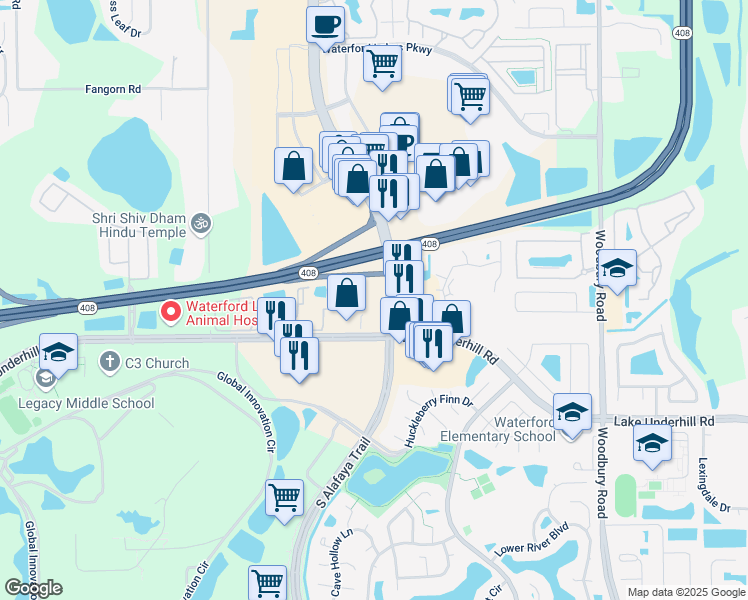 map of restaurants, bars, coffee shops, grocery stores, and more near 250 North Alafaya Trail in Orlando