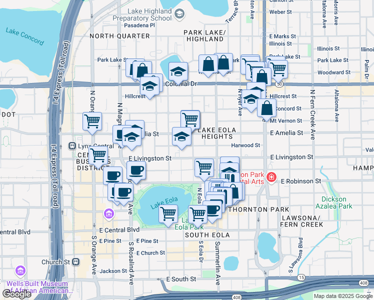 map of restaurants, bars, coffee shops, grocery stores, and more near 512 Harwood Street in Orlando