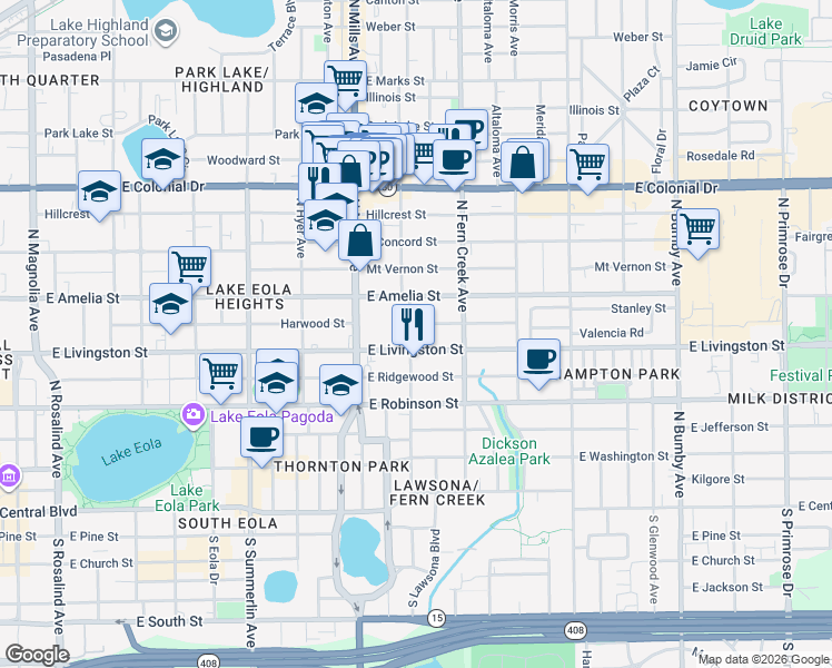 map of restaurants, bars, coffee shops, grocery stores, and more near 1415 East Livingston Street in Orlando