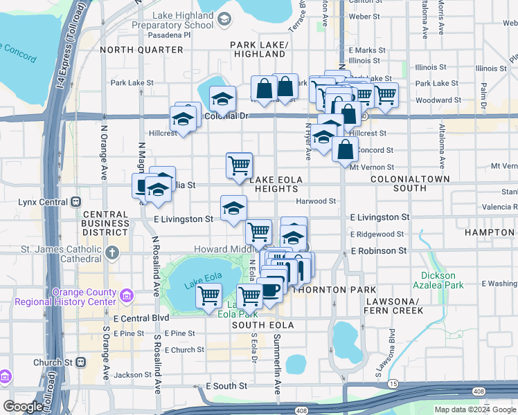 map of restaurants, bars, coffee shops, grocery stores, and more near in Orlando
