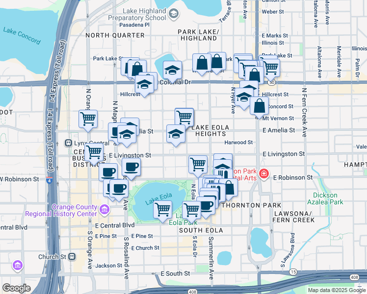 map of restaurants, bars, coffee shops, grocery stores, and more near 603 East Livingston Street in Orlando