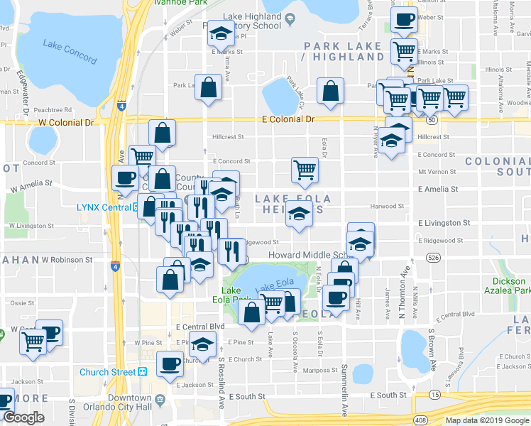 map of restaurants, bars, coffee shops, grocery stores, and more near 413 Highland Avenue in Orlando