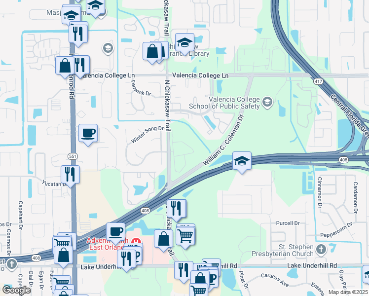 map of restaurants, bars, coffee shops, grocery stores, and more near 1030 Vista Haven Circle in Orlando