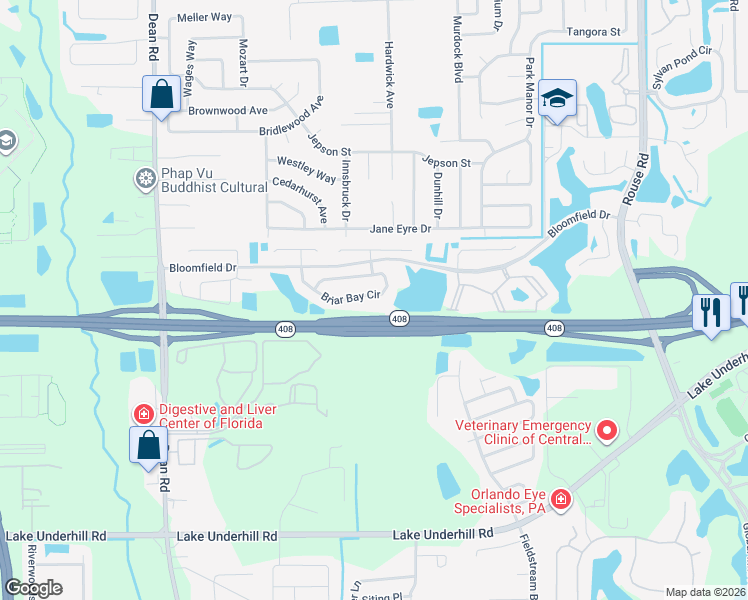 map of restaurants, bars, coffee shops, grocery stores, and more near 368 Briar Bay Circle in Orlando