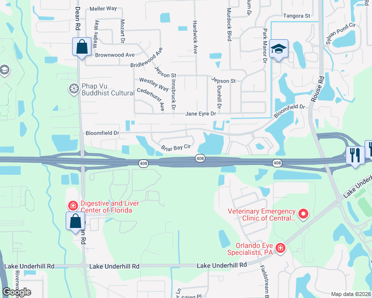 map of restaurants, bars, coffee shops, grocery stores, and more near 368 Briar Bay Circle in Orlando