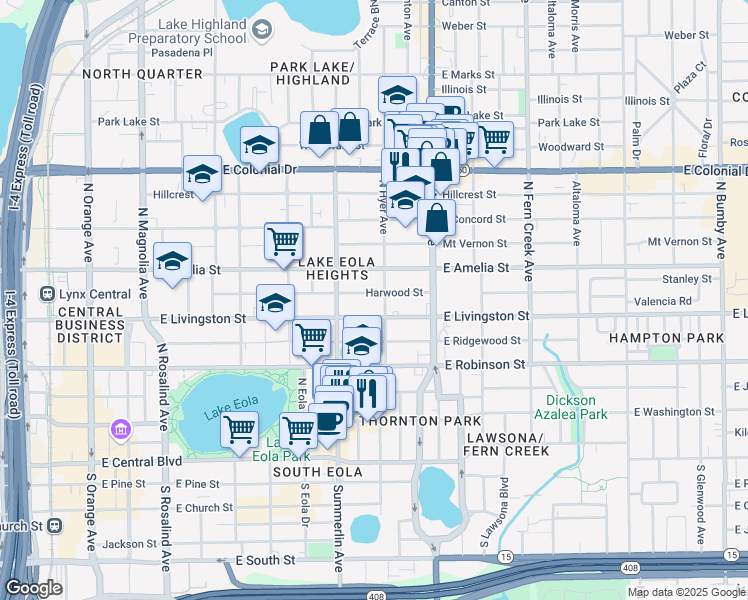 map of restaurants, bars, coffee shops, grocery stores, and more near 812 East Harwood Street in Orlando
