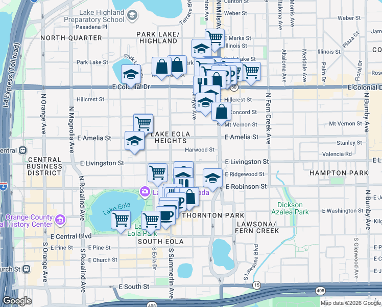 map of restaurants, bars, coffee shops, grocery stores, and more near 723 East Livingston Street in Orlando