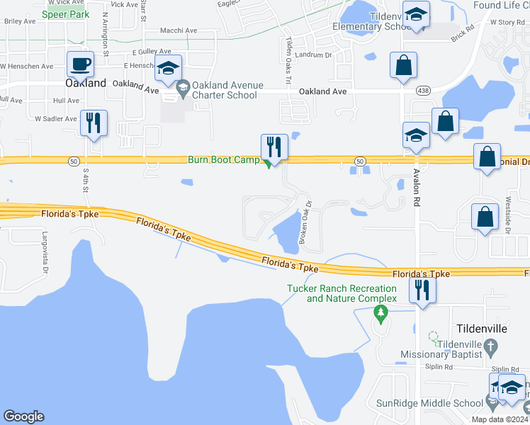 map of restaurants, bars, coffee shops, grocery stores, and more near 15642 Boggy Oak Circle in Winter Garden
