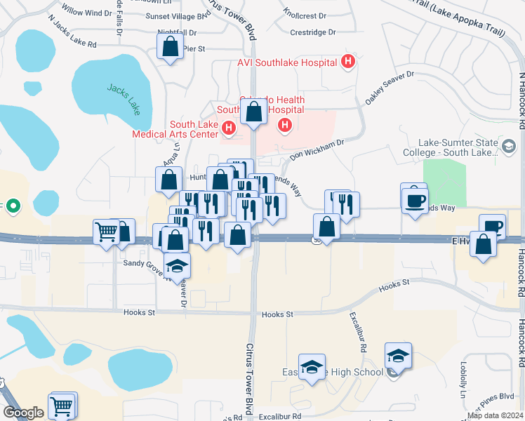 map of restaurants, bars, coffee shops, grocery stores, and more near 1391 Citrus Tower Boulevard in Clermont