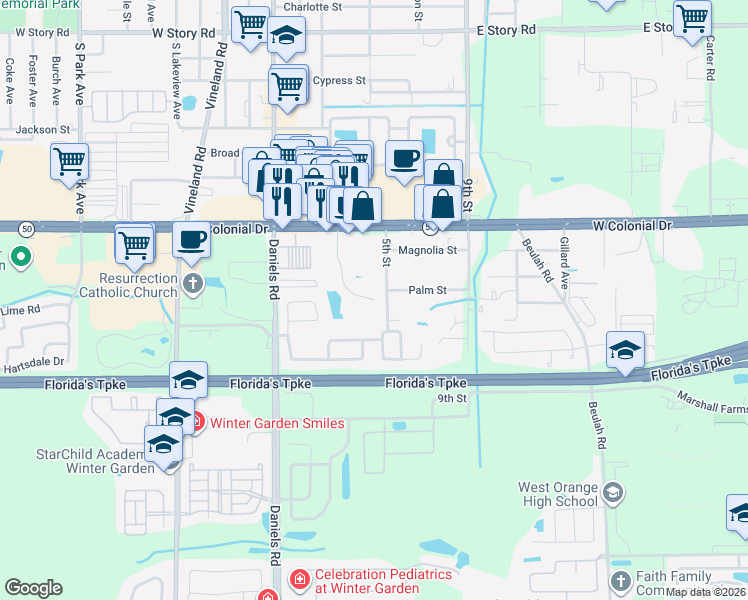 map of restaurants, bars, coffee shops, grocery stores, and more near 167 Windtree Lane in Winter Garden