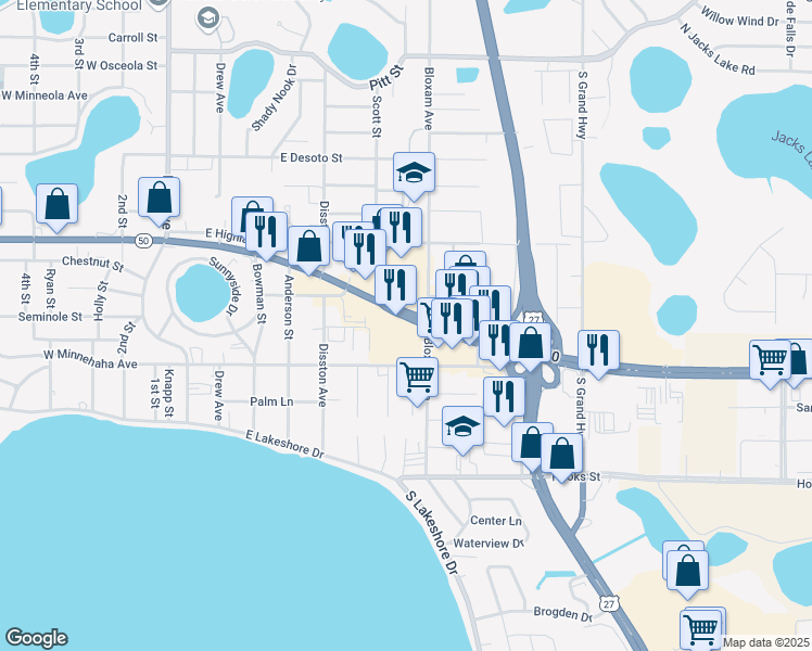 map of restaurants, bars, coffee shops, grocery stores, and more near 669 Florida 50 in Clermont