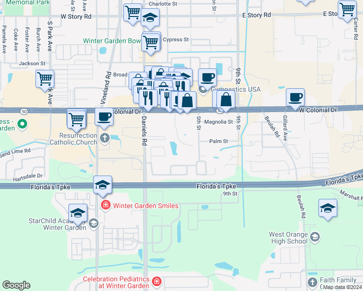 map of restaurants, bars, coffee shops, grocery stores, and more near 46 Windtree Lane in Winter Garden