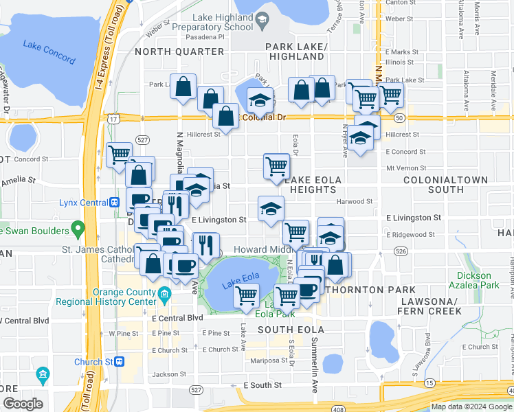 map of restaurants, bars, coffee shops, grocery stores, and more near 415 East Livingston Street in Orlando