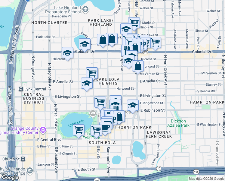 map of restaurants, bars, coffee shops, grocery stores, and more near 714 Harwood Street in Orlando