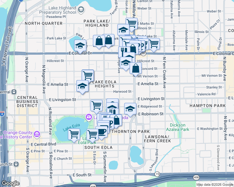map of restaurants, bars, coffee shops, grocery stores, and more near 723 East Livingston Street in Orlando