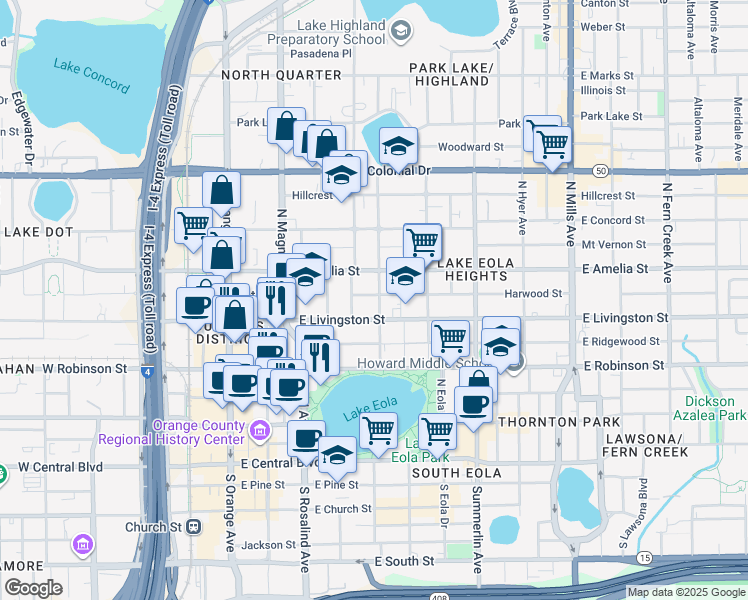 map of restaurants, bars, coffee shops, grocery stores, and more near 413 Highland Avenue in Orlando