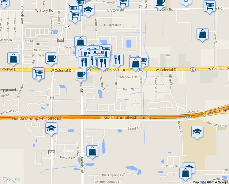 map of restaurants, bars, coffee shops, grocery stores, and more near 167 Windtree Lane in Winter Garden