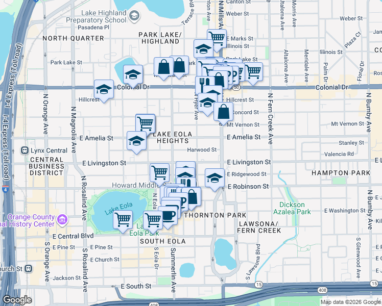 map of restaurants, bars, coffee shops, grocery stores, and more near 812 Harwood Street in Orlando