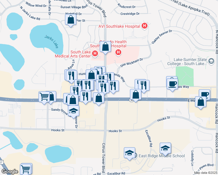 map of restaurants, bars, coffee shops, grocery stores, and more near 1391 Citrus Tower Boulevard in Clermont