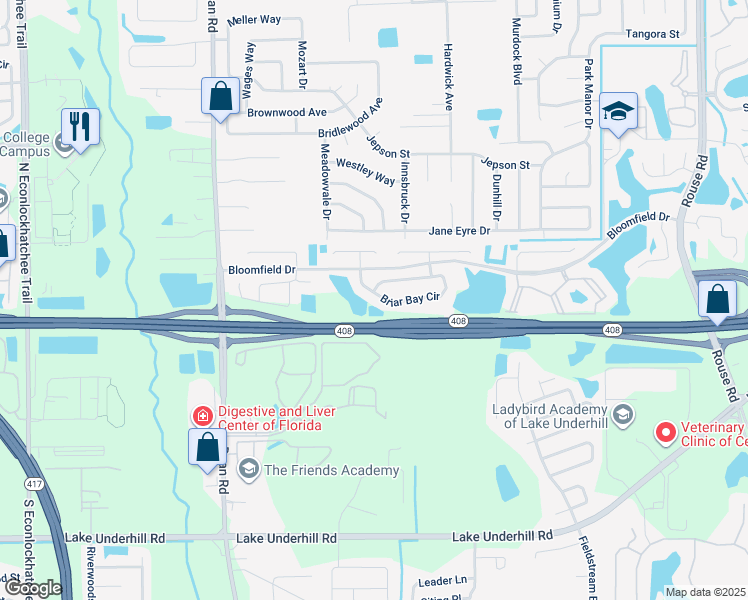 map of restaurants, bars, coffee shops, grocery stores, and more near 452 Briar Bay Circle in Orlando