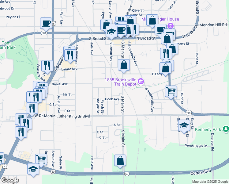 map of restaurants, bars, coffee shops, grocery stores, and more near 770 South Main Street in Brooksville