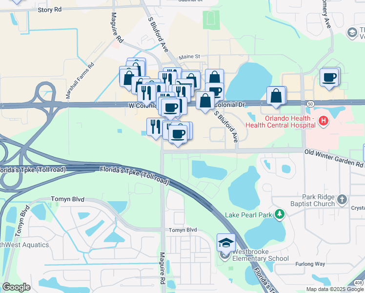 map of restaurants, bars, coffee shops, grocery stores, and more near 2787 Old Winter Garden Road in Ocoee