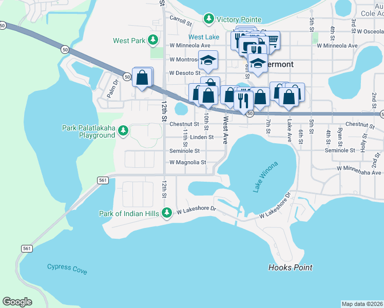 map of restaurants, bars, coffee shops, grocery stores, and more near 1120 West Magnolia Street in Clermont