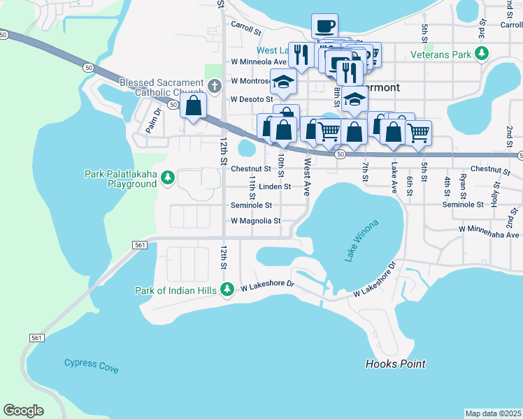 map of restaurants, bars, coffee shops, grocery stores, and more near 1079 Seminole Street in Clermont